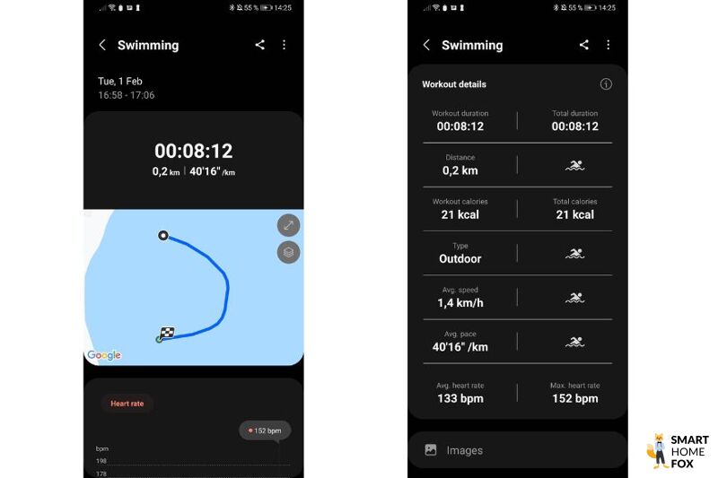 Man sieht die aufgezeichnete Strecke beim Schwimmen im freien Gewässer.
